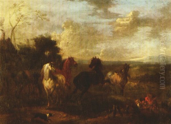 Pferde In Weiter Landschaft Mit Staffage Oil Painting by Johann Georg de Hamilton