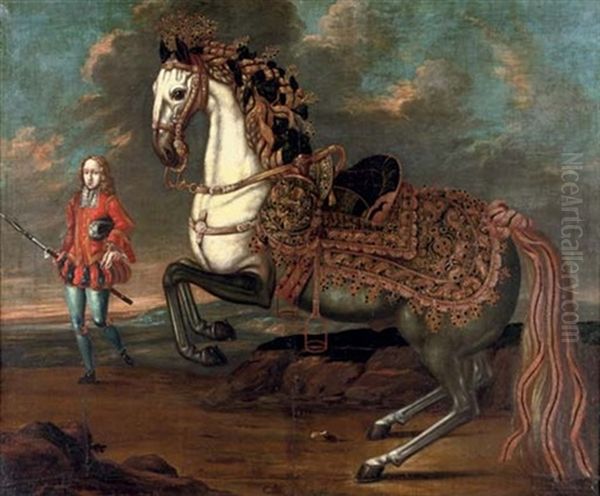 A Rearing Stallion, A Lipizzaner (?) With An Elaborate Saddle With An Elegant Groom Nearby Oil Painting by Johann Georg de Hamilton