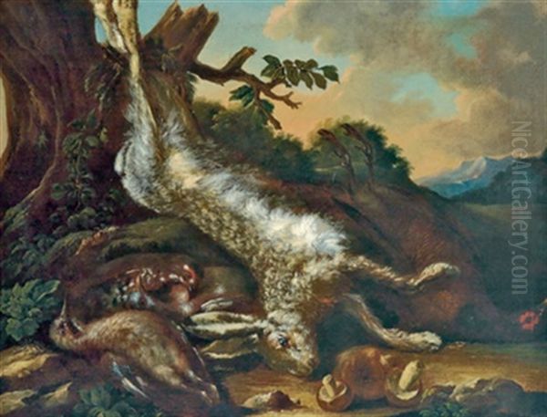 Jagdstillleben Mit Einem Erlegten Hasen In Einer Bewaldeten Landschaft Oil Painting by Johann Georg de Hamilton