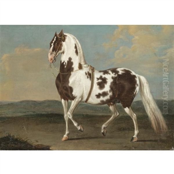 Portrait Of A Dressage Stallion In A Landscape Oil Painting by Johann Georg de Hamilton