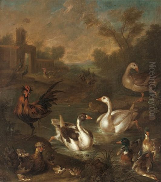 Parklandschaft Mit Schwanen, Enten Und Huhnern Oil Painting by Johann Georg de Hamilton