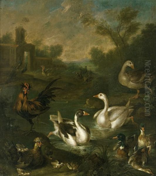 Parklandschaft Mit Schwanen, Enten Und Huhnern Oil Painting by Johann Georg de Hamilton