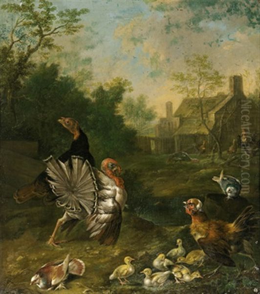 Parklandschaft Mit Einem Truthahnpaar, Mit Tauben, Glucke Und Kuken Sowie Pfauen Oil Painting by Johann Georg de Hamilton