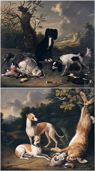 Spaniels Guarding Wildfowl And Songbirds In A Landscape With A Castle In The Distance Oil Painting by Johann Georg de Hamilton