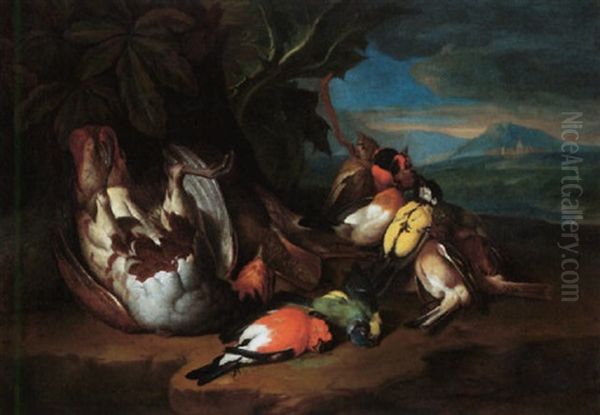 Still Life Of A Partridge And Songbirds At The Base Of A Tree Oil Painting by Johann Georg de Hamilton