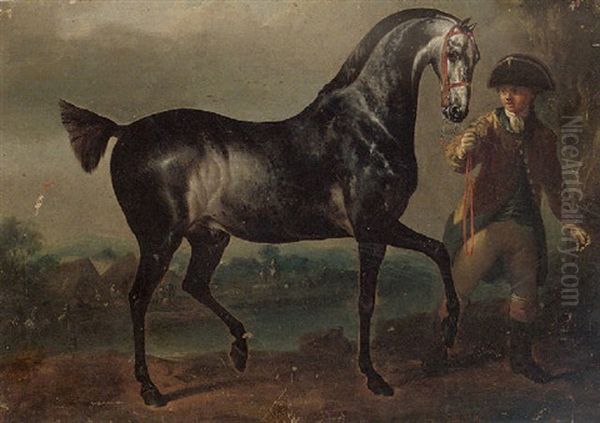 A Soldier Leading A Grey Stallion By The Reins Oil Painting by Johann Georg de Hamilton