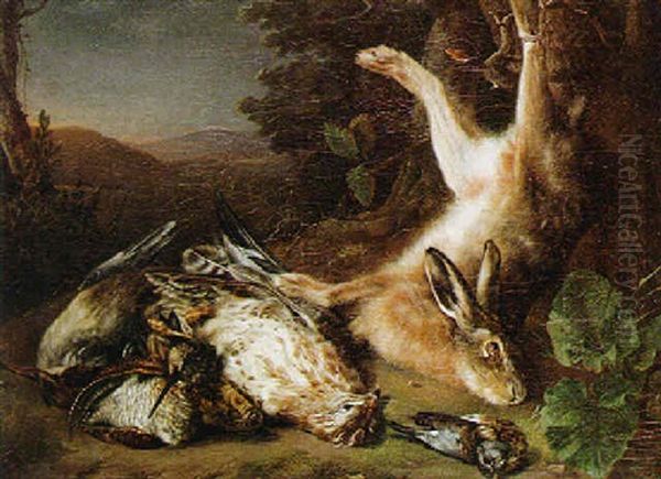 Still Life Of Game In A Wooded Landscape Oil Painting by Johann Georg de Hamilton