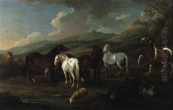 Pferde In Einer Gebirgigen Landschaft Oil Painting by Johann Georg de Hamilton