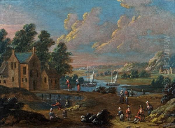 Flusslandschaft Mit Figurenstaffage Und Segelbooten Oil Painting by Matthys Balen