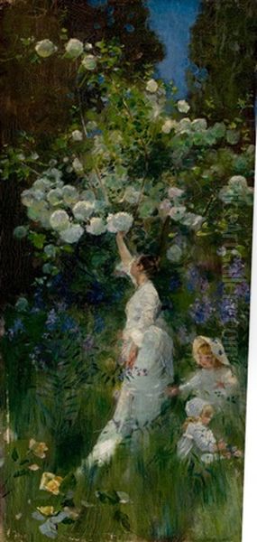 Woman And Two Children In A Garden Picking Flowers Oil Painting by John McClure Hamilton