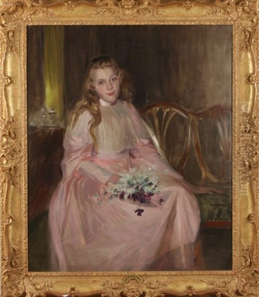 Girl In Pink Dress Holding Flowers by John McClure Hamilton