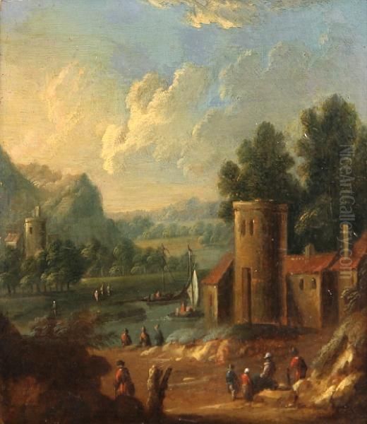 Figures By A Tower With Small Boats On A Riverbeyond Oil Painting by Matthys Balen