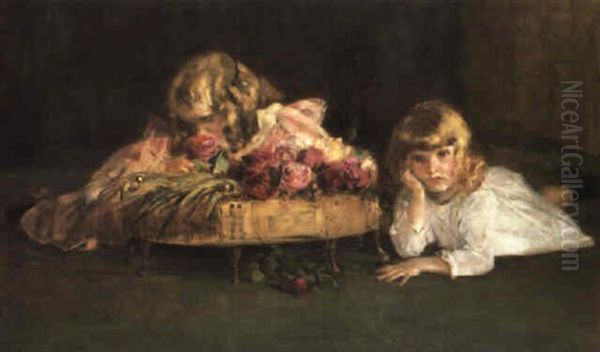 Children And Roses Oil Painting by John McClure Hamilton