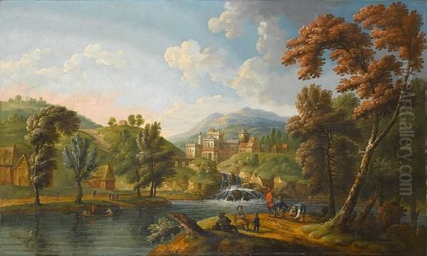 A River Landscape With Figures Resting Besidea Waterfall Oil Painting by Matthys Balen