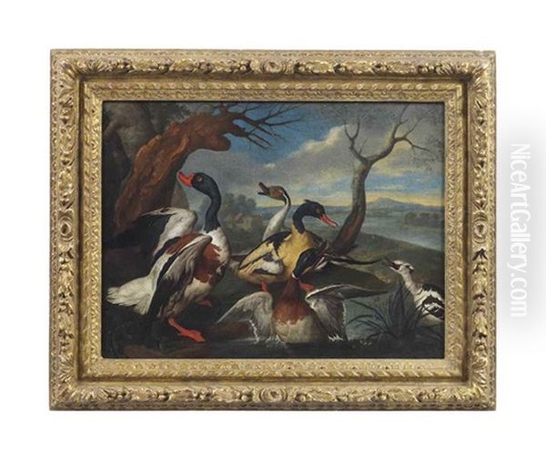 A Shell Duck, A Pintail, A Mallard, And Other Ducks On The Bank Of A River Oil Painting by Philipp Ferdinand de Hamilton