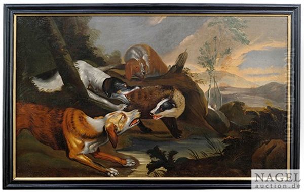 Drei Jagdhunde Stellen Tiere Oil Painting by Philipp Ferdinand de Hamilton