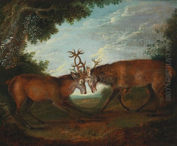 Two Hunting Still Lifes, One With Fighting Stags, The Other With A Stag And A Doe Oil Painting by Philipp Ferdinand de Hamilton