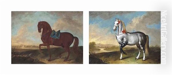 A Lipizzan In A Landscape, A River Beyond; And A Charger With A Blue Saddle In A Landscape, A River Beyond (2 Works) Oil Painting by Philipp Ferdinand de Hamilton