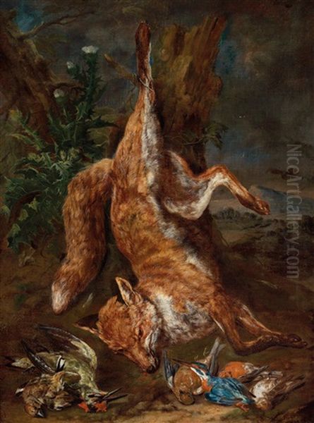 Two Hunting Still Lifes With A Shot Fox And Hares Oil Painting by Philipp Ferdinand de Hamilton