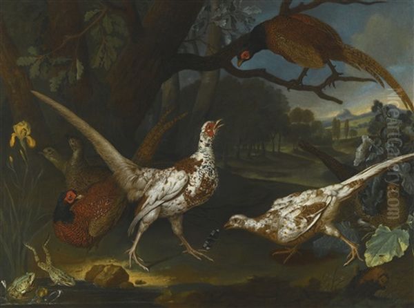 Oriental Pheasants By A Pond In A Wooded Landscape Oil Painting by Philipp Ferdinand de Hamilton