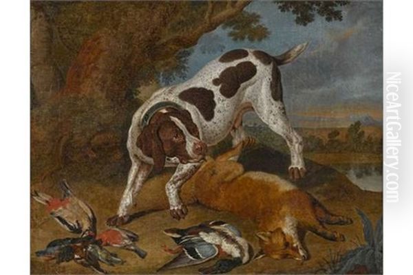 Jagdhund Bei Der Beute Von Vogeln Und Einem Fuchs Oil Painting by Philipp Ferdinand de Hamilton