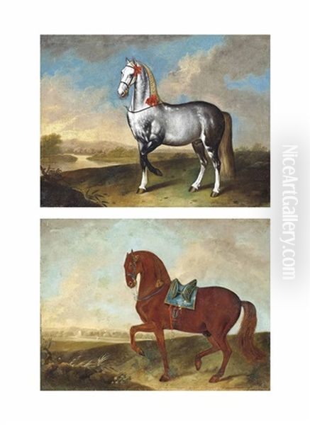 A Lipizzan In A Landscape, A River Beyond (+ A Charger With A Blue Saddle In A Landscape, A River Beyond; Pair) Oil Painting by Philipp Ferdinand de Hamilton