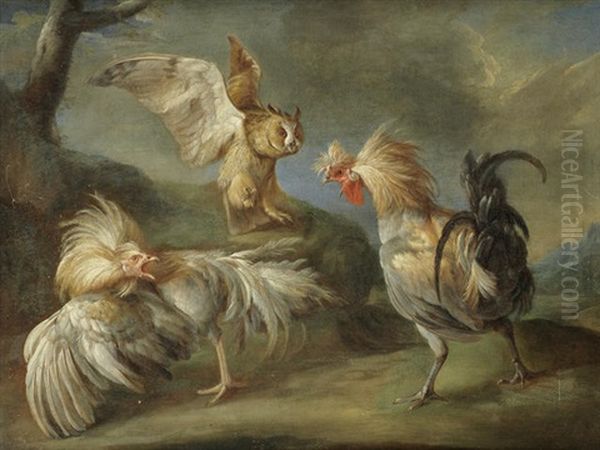 An Owl Attacking Cockerals And Chickens Oil Painting by Philipp Ferdinand de Hamilton