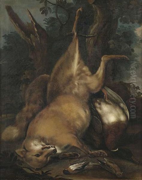 Jagdstilleben Mit Erlegtem Fuchs. Jagdstilleben Mit Erlegtem Hasen (pair) Oil Painting by Philipp Ferdinand de Hamilton