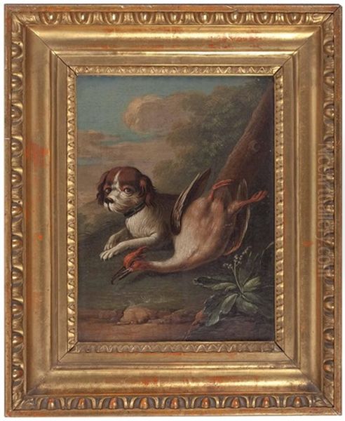 Hund Bewacht Toten Hasen Vor Landschaftskulisse (+ Hund Bewacht Wildvogel Vor Landschaftskulisse; Pair) Oil Painting by Philipp Ferdinand de Hamilton