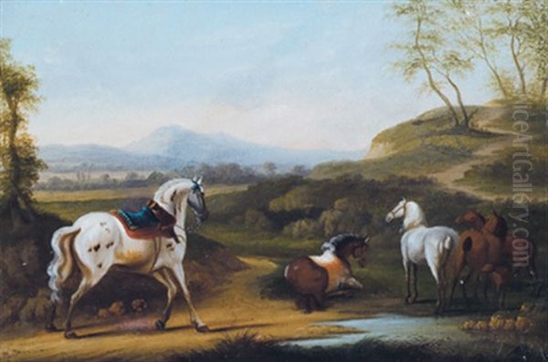 Weite Hugellandschaft Mit Einem Gesattelten Apfelschimmel Und Pferden An Der Tranke Oil Painting by Philipp Ferdinand de Hamilton