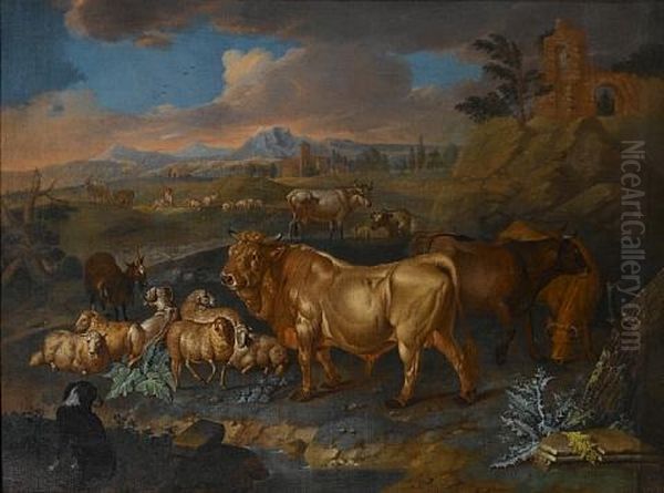 A Landscape With Bulls, Sheep And Goats Grazing, A Shepherd And His Flock In The Distance Oil Painting by Philipp Ferdinand de Hamilton