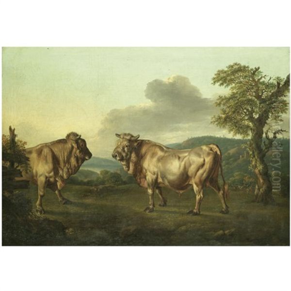 Two Bulls In A Landscape Oil Painting by Philipp Ferdinand de Hamilton