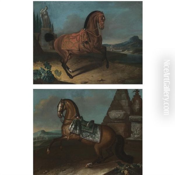 Portraits Of Saddled Bay Stallions In A Landscape (pair) Oil Painting by Philipp Ferdinand de Hamilton