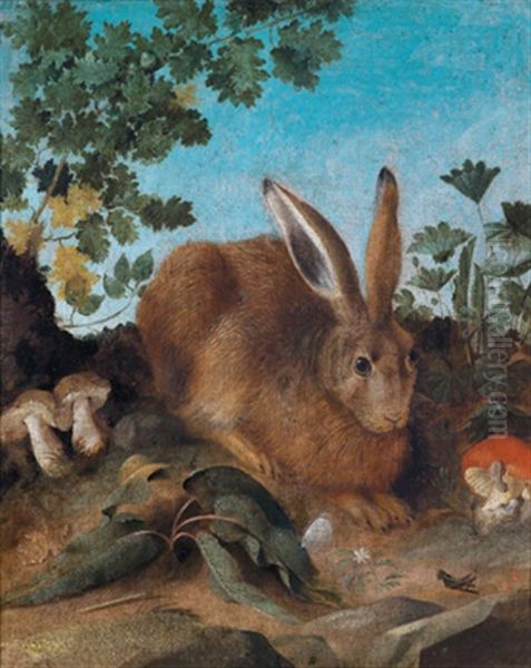 Ein Hase Zwischen Pilzen Und Blattern Oil Painting by Philipp Ferdinand de Hamilton