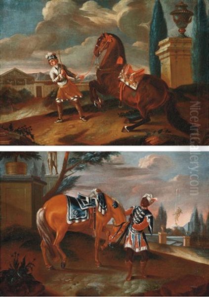 A Servant Attending To An Elegant Horse In A Park Landscape (+ A Servant Training A Horse In A Park Landscape; Pair) Oil Painting by Philipp Ferdinand de Hamilton