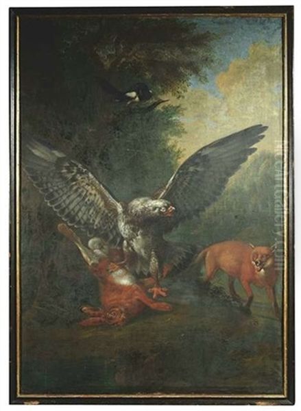 Ein Adler Hat Einen Hasen Geschlagen Und Droht Einem Sich Heranschleichenden Fuchs Oil Painting by Philipp Ferdinand de Hamilton