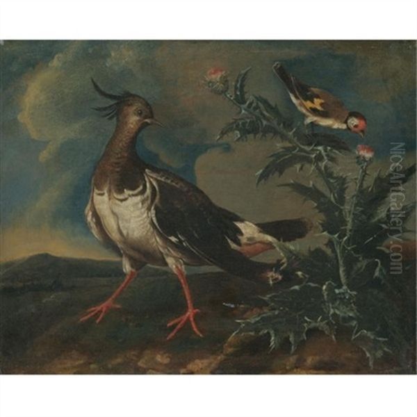 A Landscape With A Lapwing And A Finch Beside A Thistle Oil Painting by Philipp Ferdinand de Hamilton