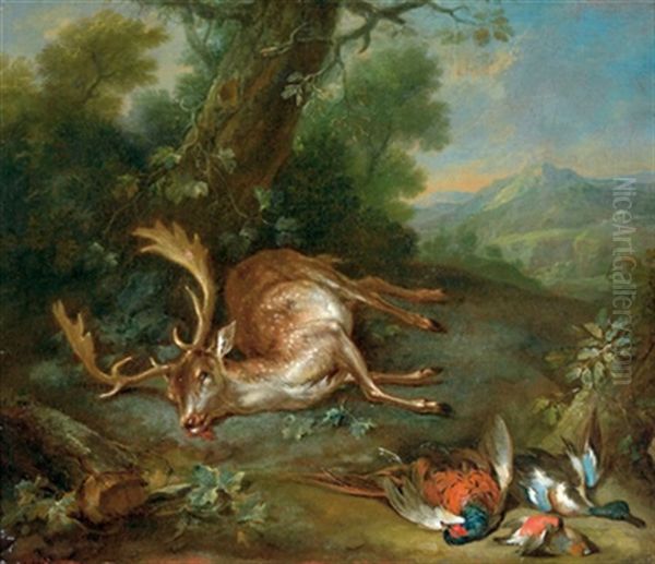 Jagdstillleben Mit Einem Erlegten Hirsch Und Federwild Oil Painting by Philipp Ferdinand de Hamilton