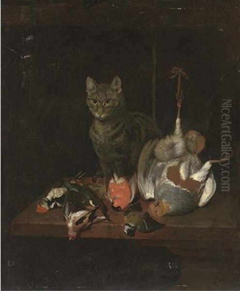 A Cat Seated On A Wooden Table With Dead Birds Oil Painting by Philipp Ferdinand de Hamilton