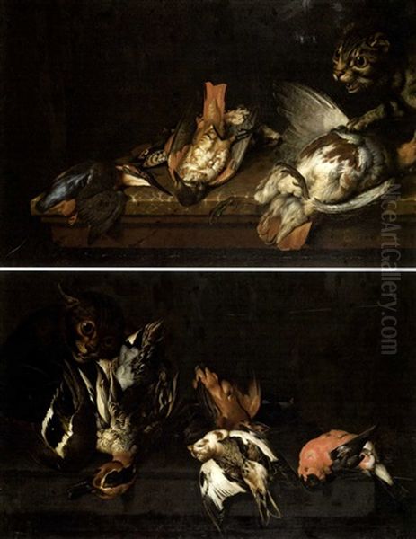 Nature Morte Aux Oiseaux Et Chat (+ Another, Similar; Pair) Oil Painting by Philipp Ferdinand de Hamilton