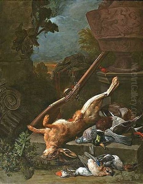 Stilleben Mit Totem Hasen, Ente, Taube, Eichelhaher, Schnepfe, Rotkehlchen Und Anderen Vogeln Oil Painting by Philipp Ferdinand de Hamilton