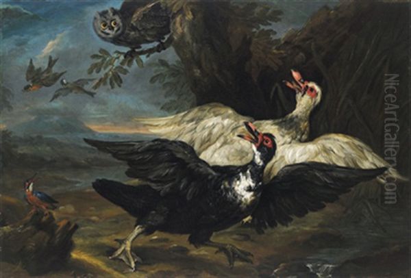 Zwei Muschusenten, Eine Waldohreule, Oben, Ein Rotkehlchen Und Eine Kohlmeise Im Flug Sowie Ein Eisvogel, Links Unten, In Einer Bewaldeten Landschaft Oil Painting by Philipp Ferdinand de Hamilton