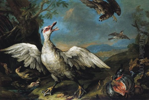 Moschusenten Von Einem Mausebussard Bedroht, Weitere Vogel: Ein Feldsperling Im Flug Und Ein Gimpel Sowie Eine Blaumeise In Einer Gebirgigen Landschaft Oil Painting by Philipp Ferdinand de Hamilton