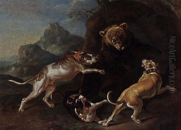 A Hunting Scene With Dogs Bringing Down A Bear Oil Painting by Philipp Ferdinand de Hamilton