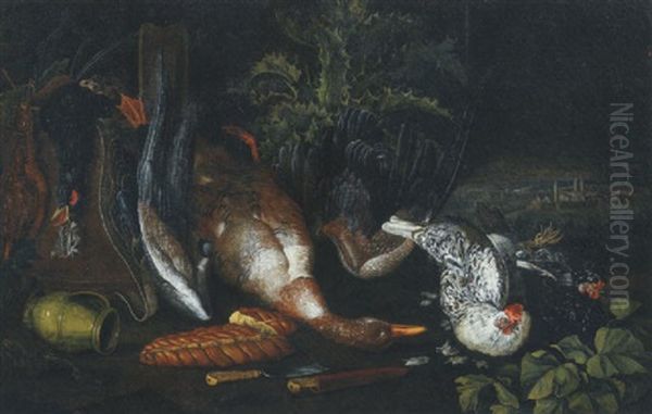 A Partridge, A Dead Duck, A Pitcher, Two Knives A Loaf Of Bread And Hens, On A Forest Floor Oil Painting by Philipp Ferdinand de Hamilton