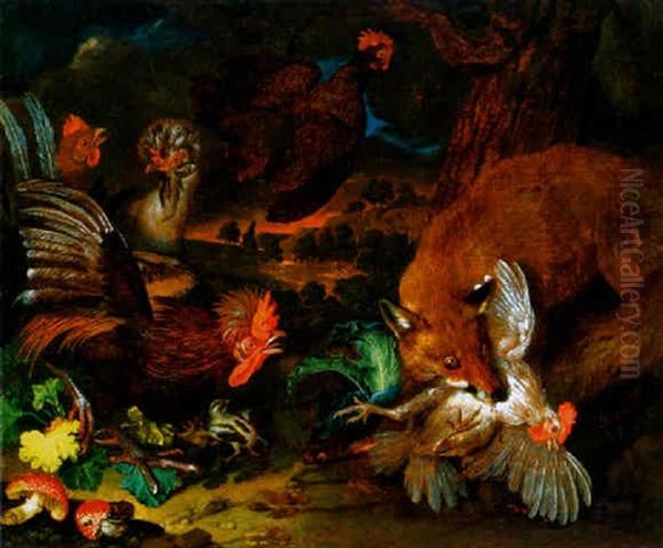 Roka Az Udvarban, 1746 (fox In The Poultry Yard) Oil Painting by Philipp Ferdinand de Hamilton