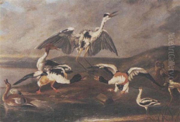 Ducks, A Heron And Other Birds On A Bank Oil Painting by Philipp Ferdinand de Hamilton