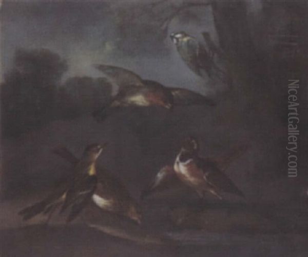 Songbirds Drinking From A Pool In A Landscape Oil Painting by Philipp Ferdinand de Hamilton