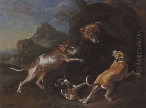 A Hunting Scene With Dogs Bringing Down A Bear Oil Painting by Philipp Ferdinand de Hamilton