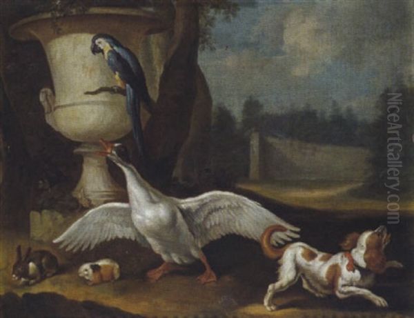 Eine Ente, Ein King Charles Hund Und Ein Papagei In Einem Schlospark Oil Painting by Philipp Ferdinand de Hamilton